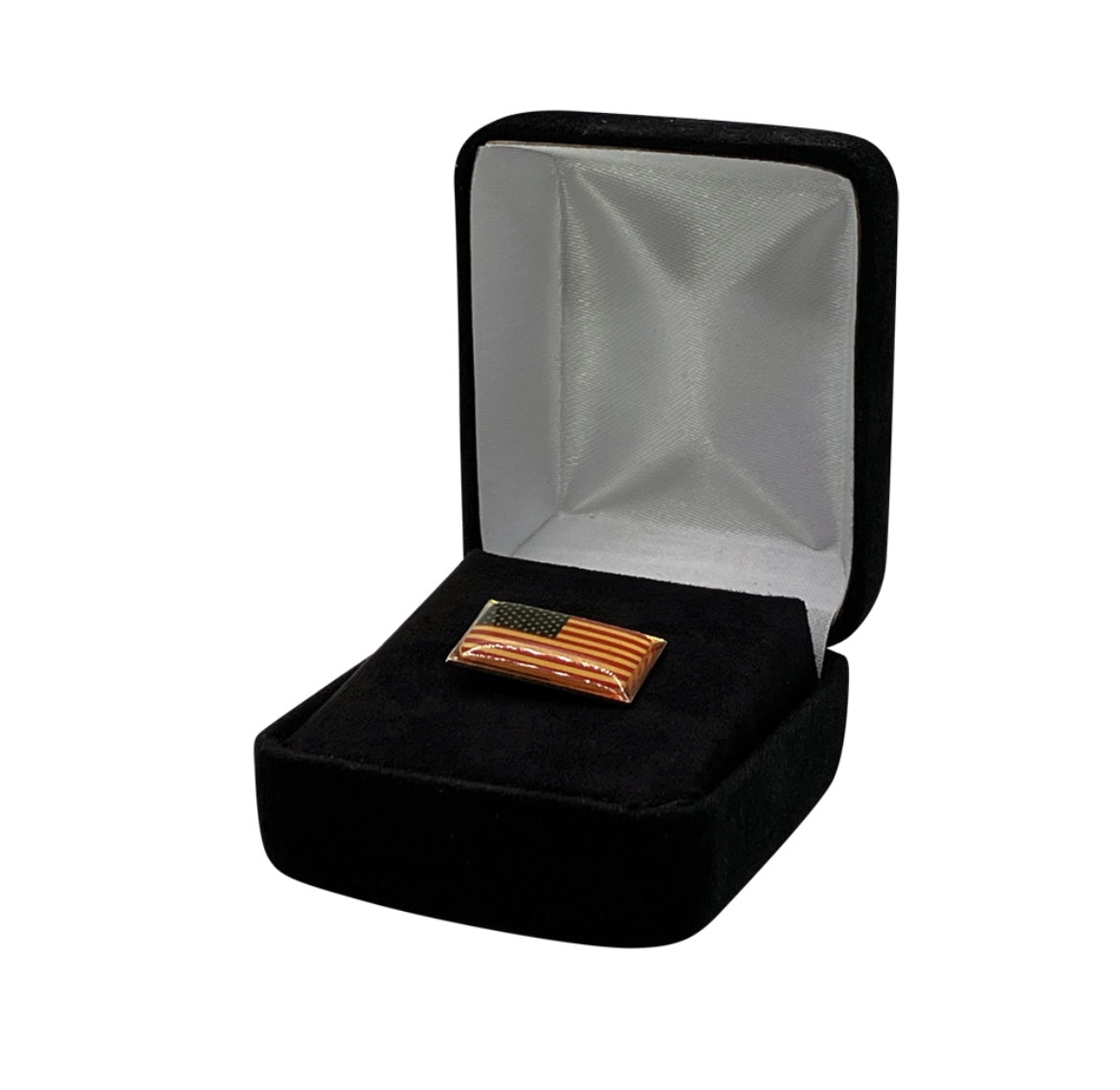 Luxury velour covered steel shell lapel pin box with hinged lid available in black, grey and navy blue featuring a custom hot stamped satin interior lid and white outer sleeve.