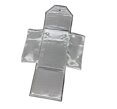 open black leatherette necklace folder showing soft white satin interior for necklaces