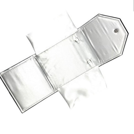 open black leatherette necklace folder showing soft white satin interior with snaps for necklaces